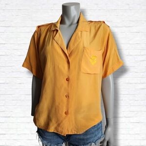 Vintage Anne Klein Silk Marigold Yellow Short Sleeve Button Down Top Size 6